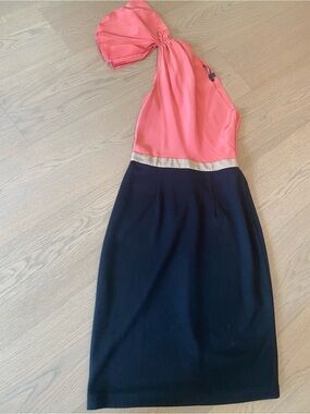 JAYGODFREY Coral and Black One-Shoulder Sheath Dress with Gold Trim